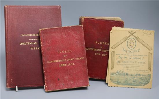 Scores of Gloucestershire County Cricket 1870-1897 and 1898-1904, Two leather bound volumes, an 1895 commemorative banquet menu